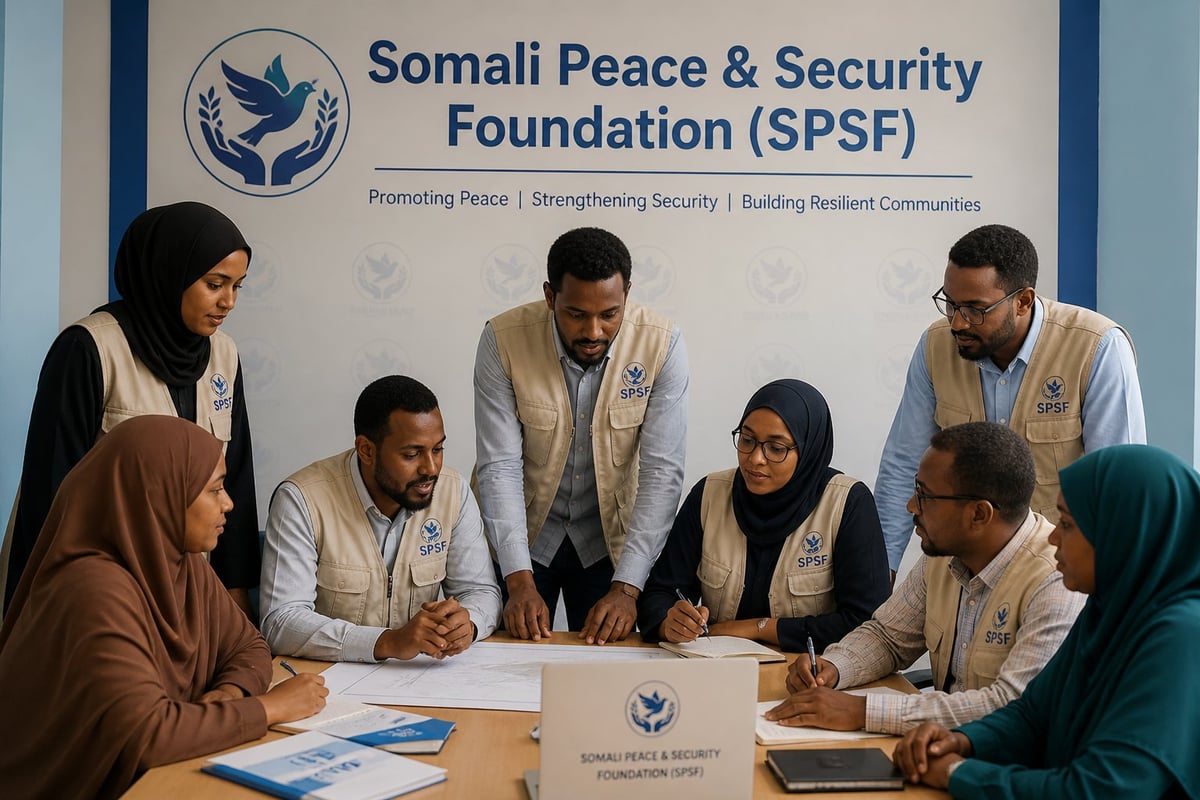 Team members of Somali Peace and Security Foundation gathered around a table during a meeting or workshop