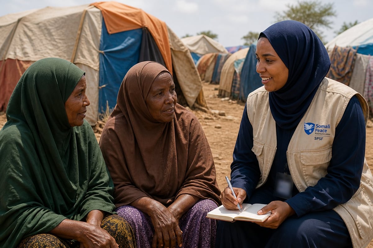 A humanitarian worker in a vest speaks with two women wearing headscarves in a refugee camp setting with tents in the background.