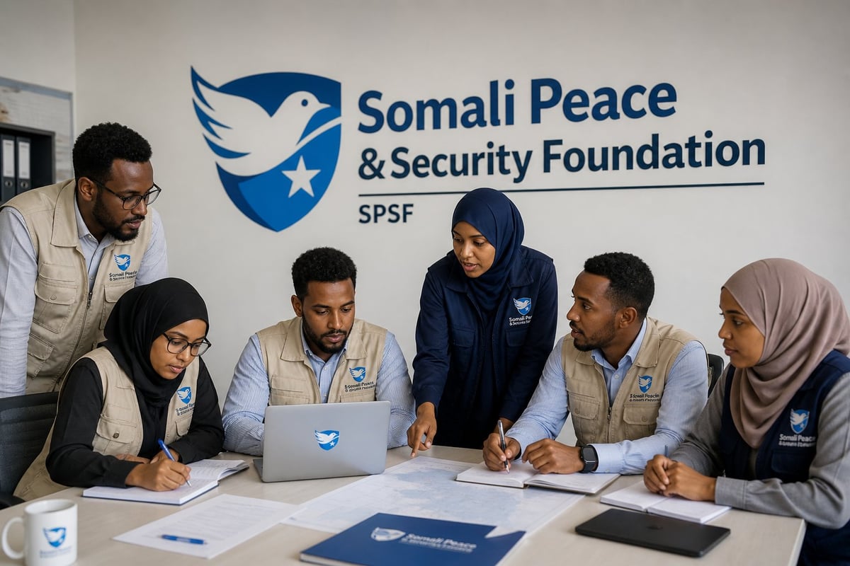 Team members of the Somali Peace and Security Foundation working together at a conference table with documents and laptops